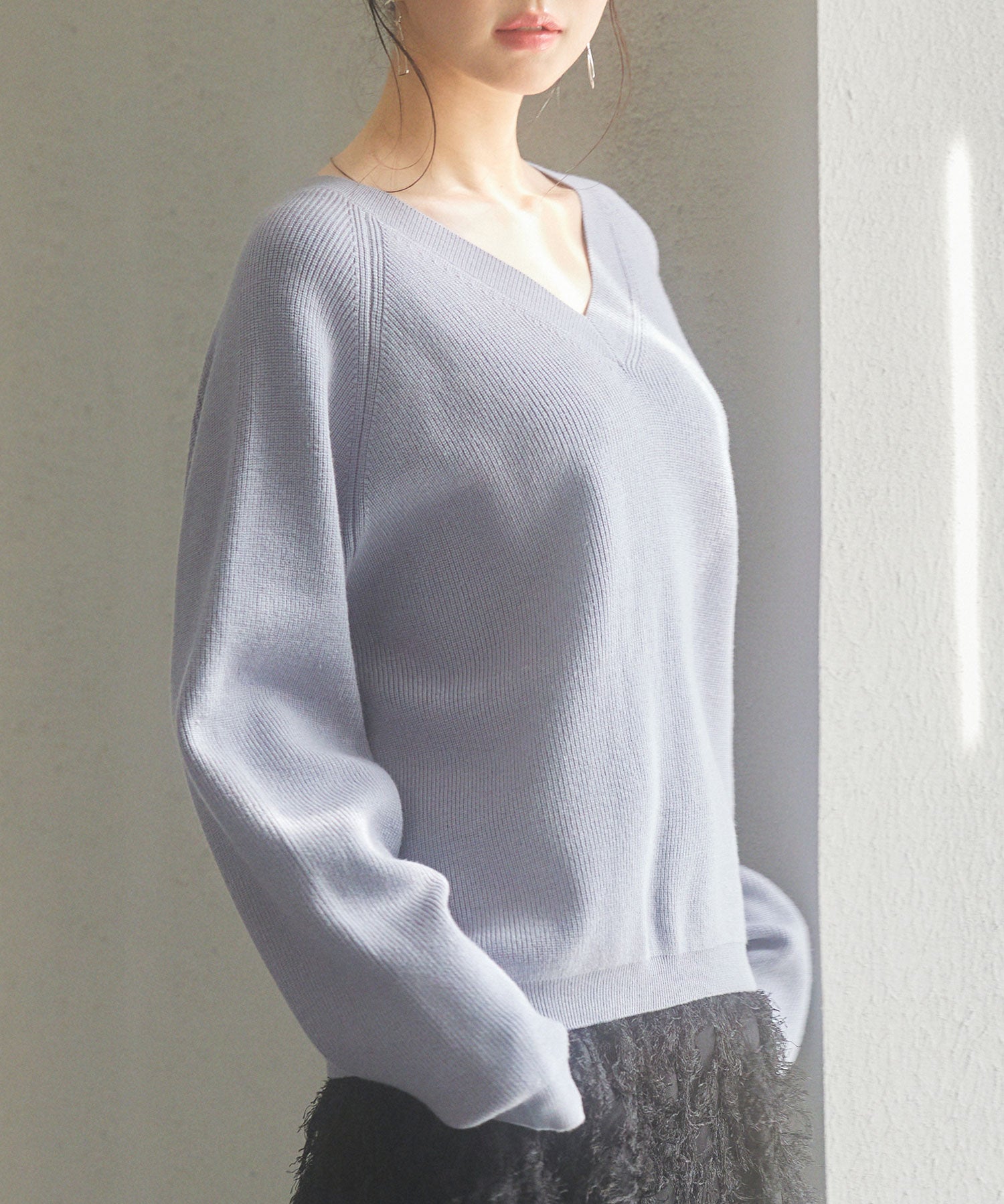 畦編み深みVネックニットプルオーバーsdpxyf3292 ブルーグレー