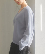 畦編み深みVネックニットプルオーバーsdpxyf3292 ブルーグレー