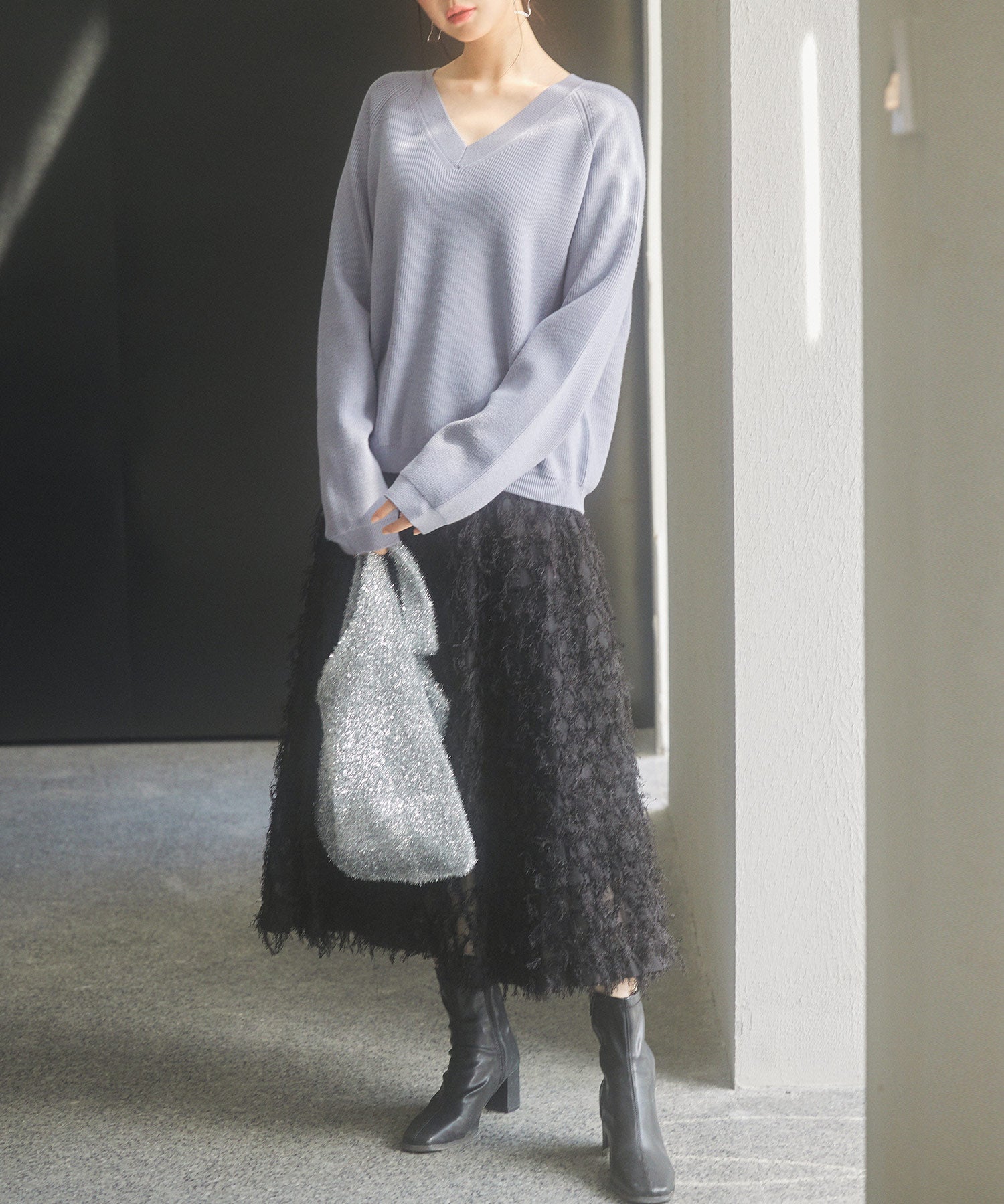 畦編み深みVネックニットプルオーバーsdpxyf3292 ブルーグレー