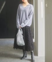 畦編み深みVネックニットプルオーバーsdpxyf3292 ブルーグレー