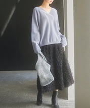 畦編み深みVネックニットプルオーバーsdpxyf3292 ブルーグレー