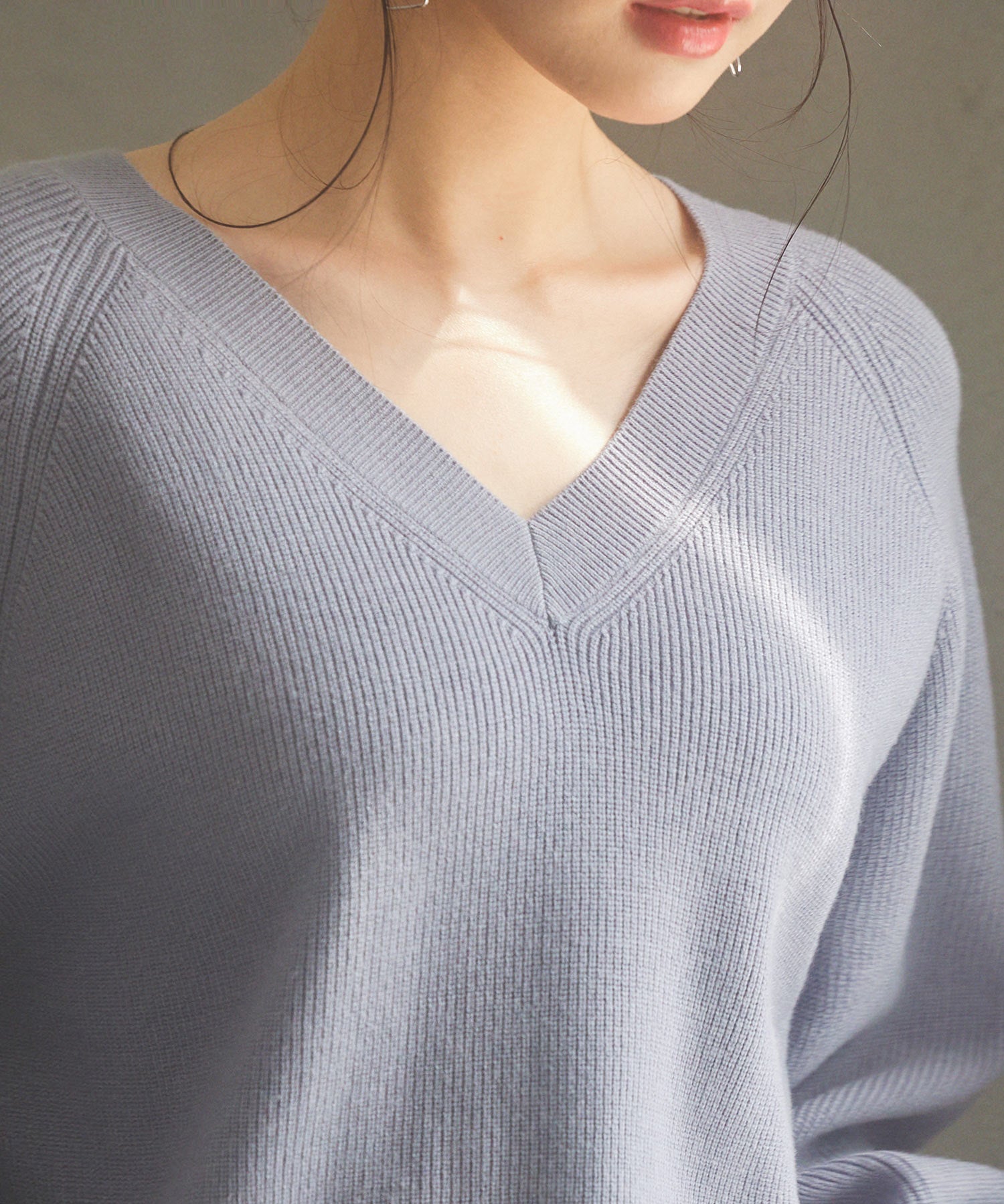 畦編み深みVネックニットプルオーバーsdpxyf3292 ブルーグレー