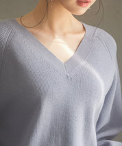 畦編み深みVネックニットプルオーバーsdpxyf3292 ブルーグレー