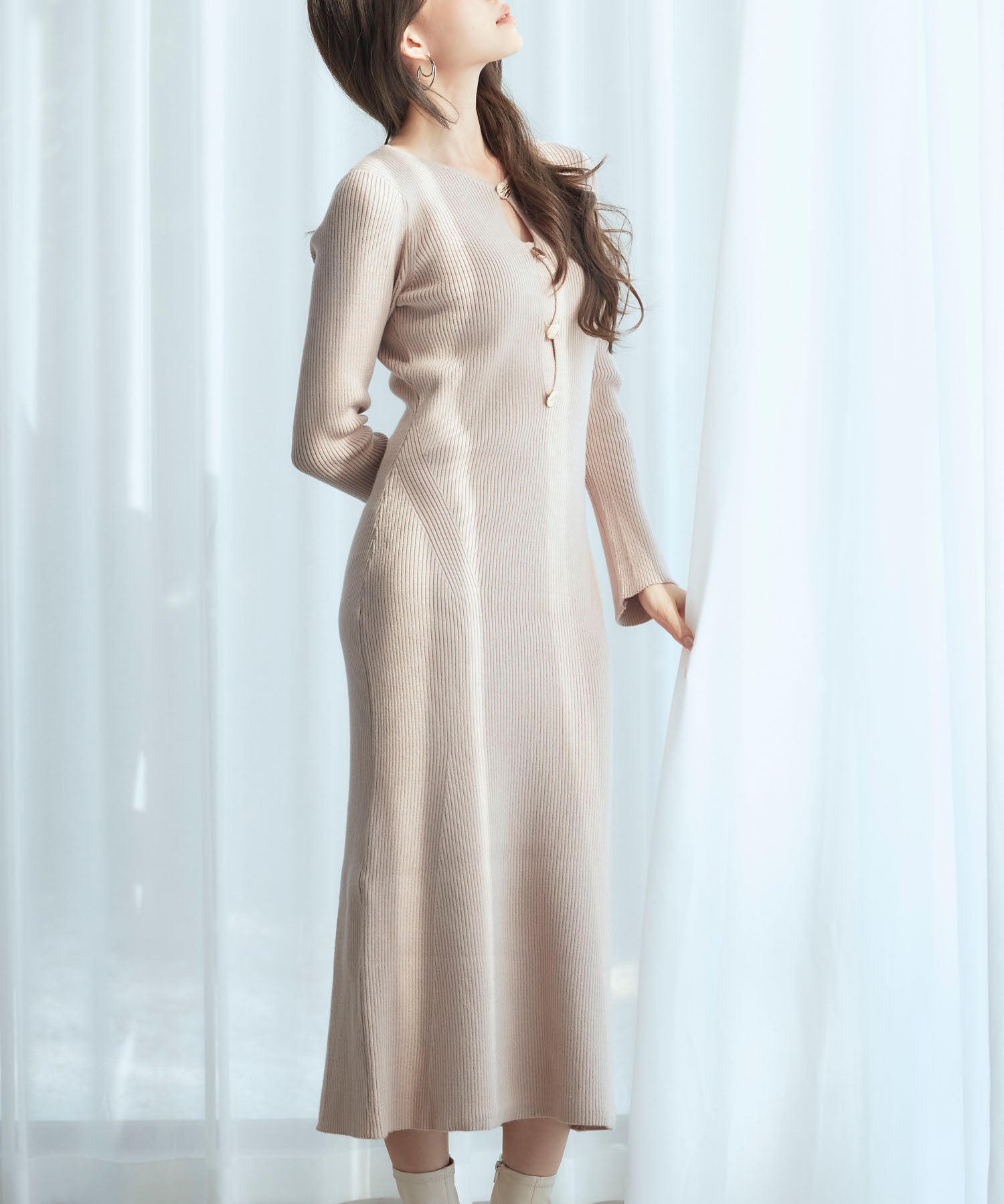 涙開き風ミモレ丈ニットワンピースsdpxyf3300 ベージュ
