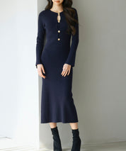涙開き風ミモレ丈ニットワンピースsdpxyf3300 ネイビー
