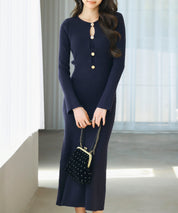 涙開き風ミモレ丈ニットワンピースsdpxyf3300 ネイビー