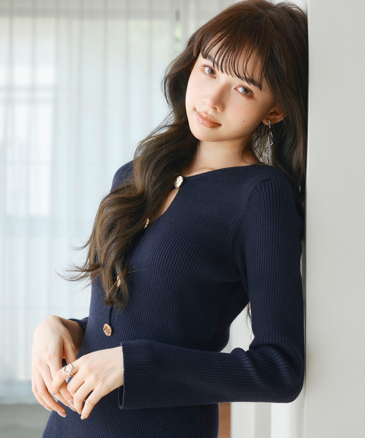 涙開き風ミモレ丈ニットワンピースsdpxyf3300 ネイビー