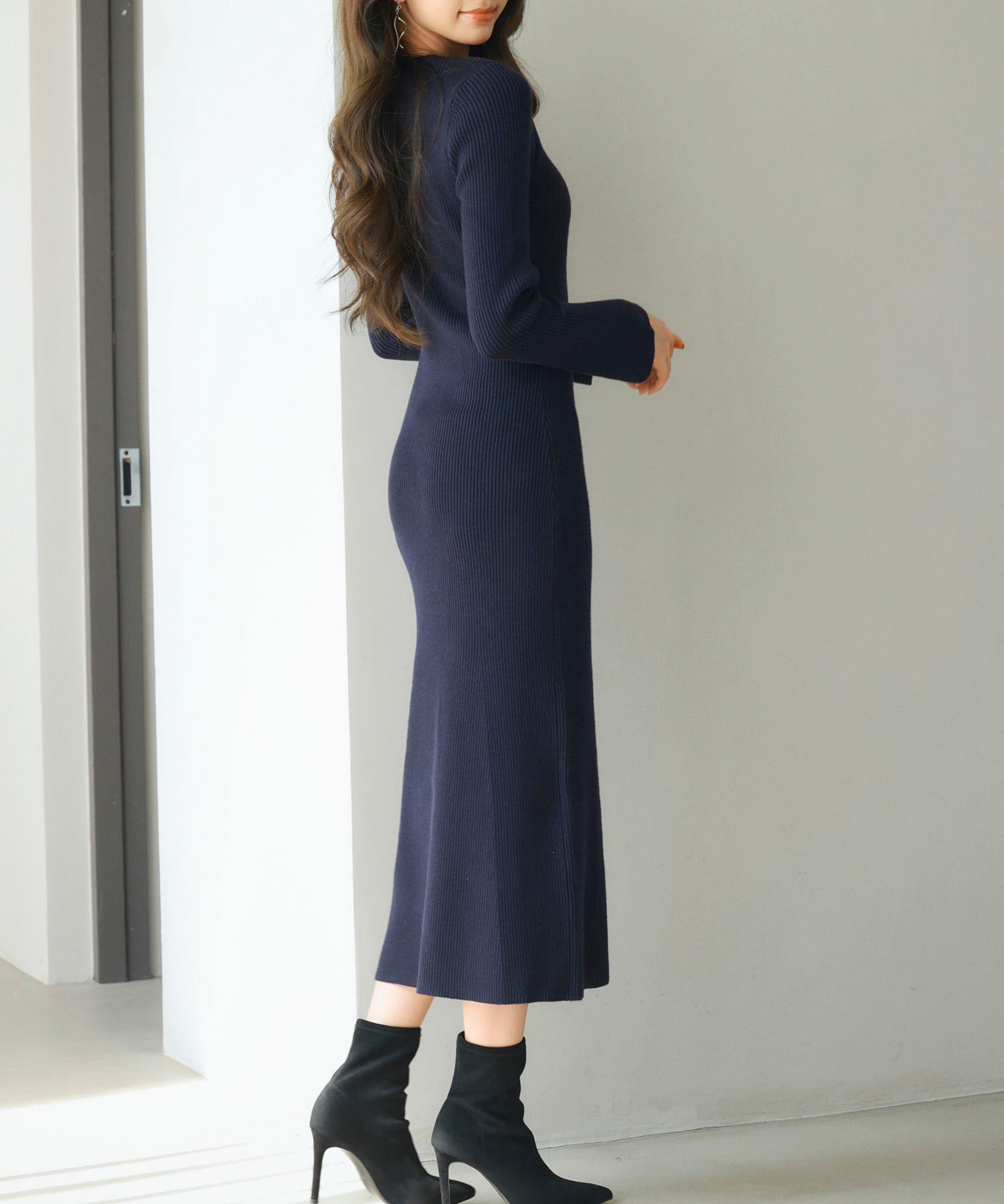 涙開き風ミモレ丈ニットワンピースsdpxyf3300 ネイビー