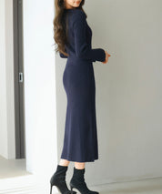 涙開き風ミモレ丈ニットワンピースsdpxyf3300 ネイビー