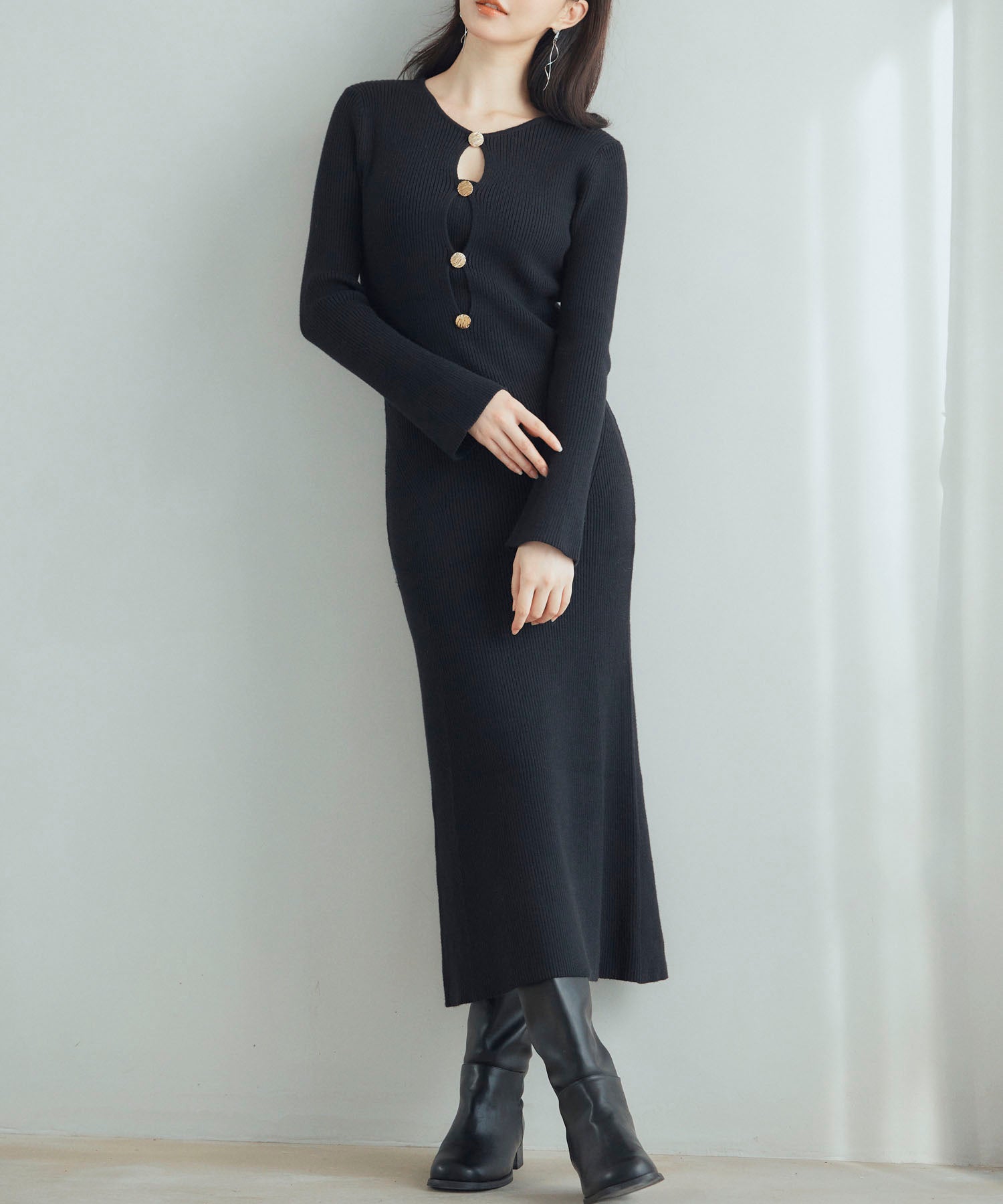 涙開き風ミモレ丈ニットワンピースsdpxyf3300 ブラック