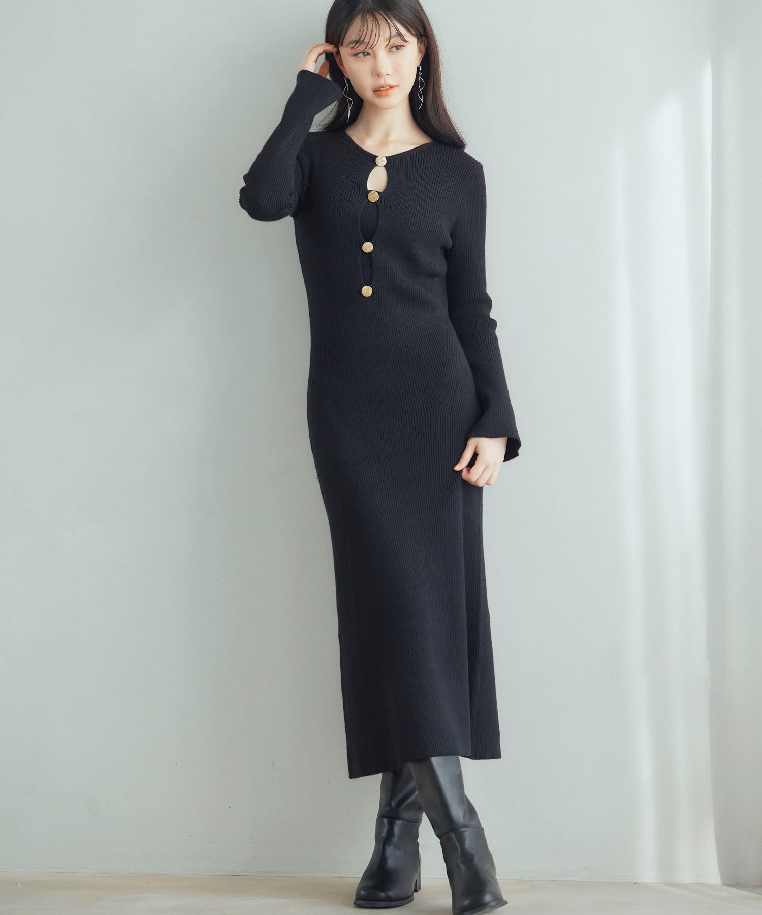 涙開き風ミモレ丈ニットワンピースsdpxyf3300 ブラック