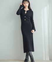 涙開き風ミモレ丈ニットワンピースsdpxyf3300 ブラック