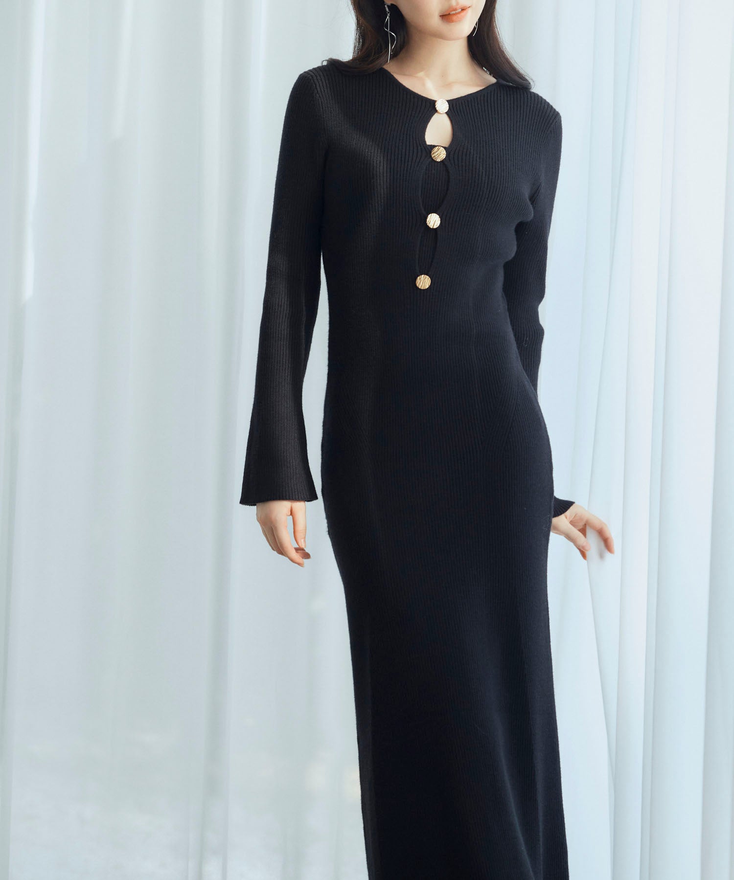 涙開き風ミモレ丈ニットワンピースsdpxyf3300 ブラック