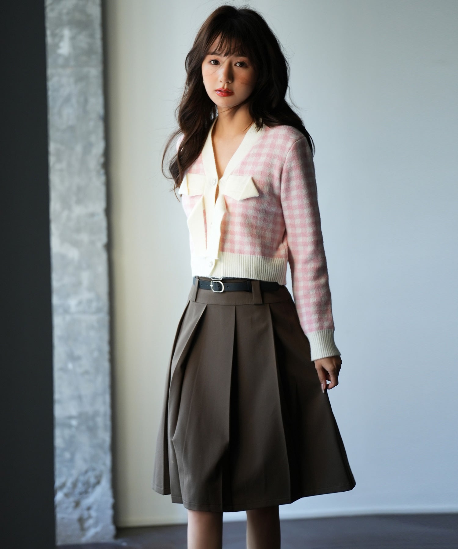 フロントリボンギンガムチェックニットプルオーバーsdpxyf5005 ピンク