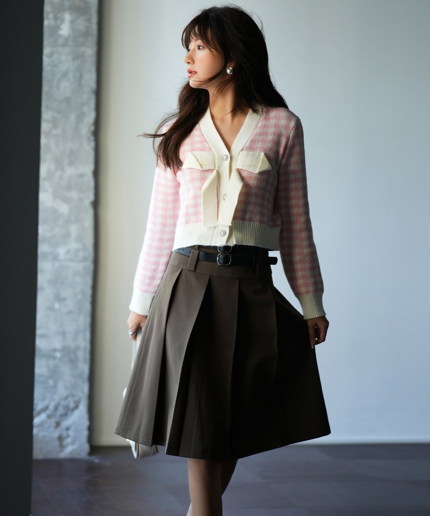 フロントリボンギンガムチェックニットプルオーバーsdpxyf5005 ピンク