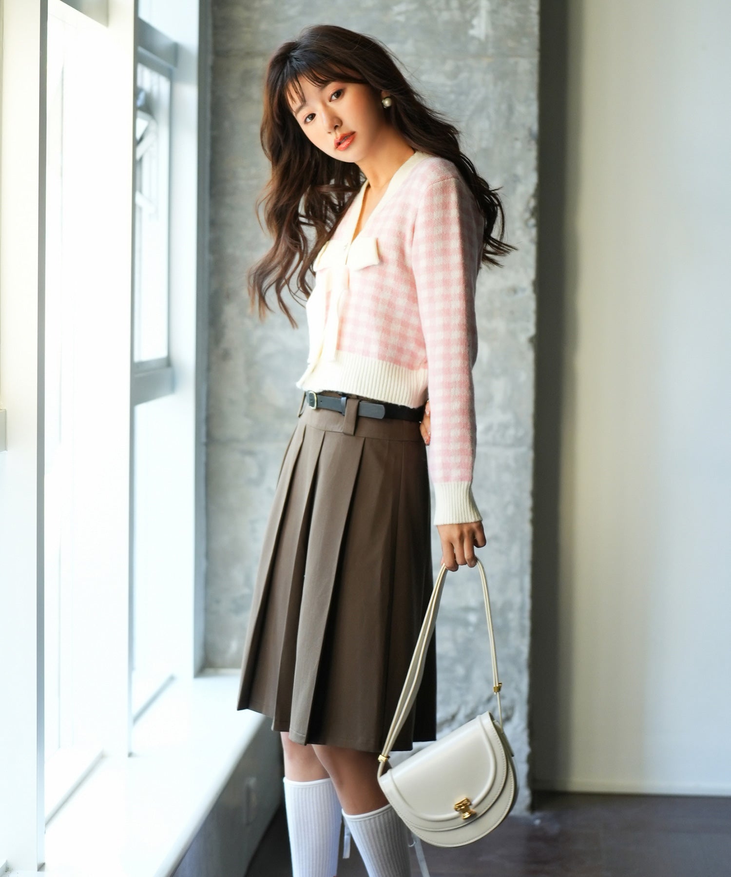 フロントリボンギンガムチェックニットプルオーバーsdpxyf5005 ピンク