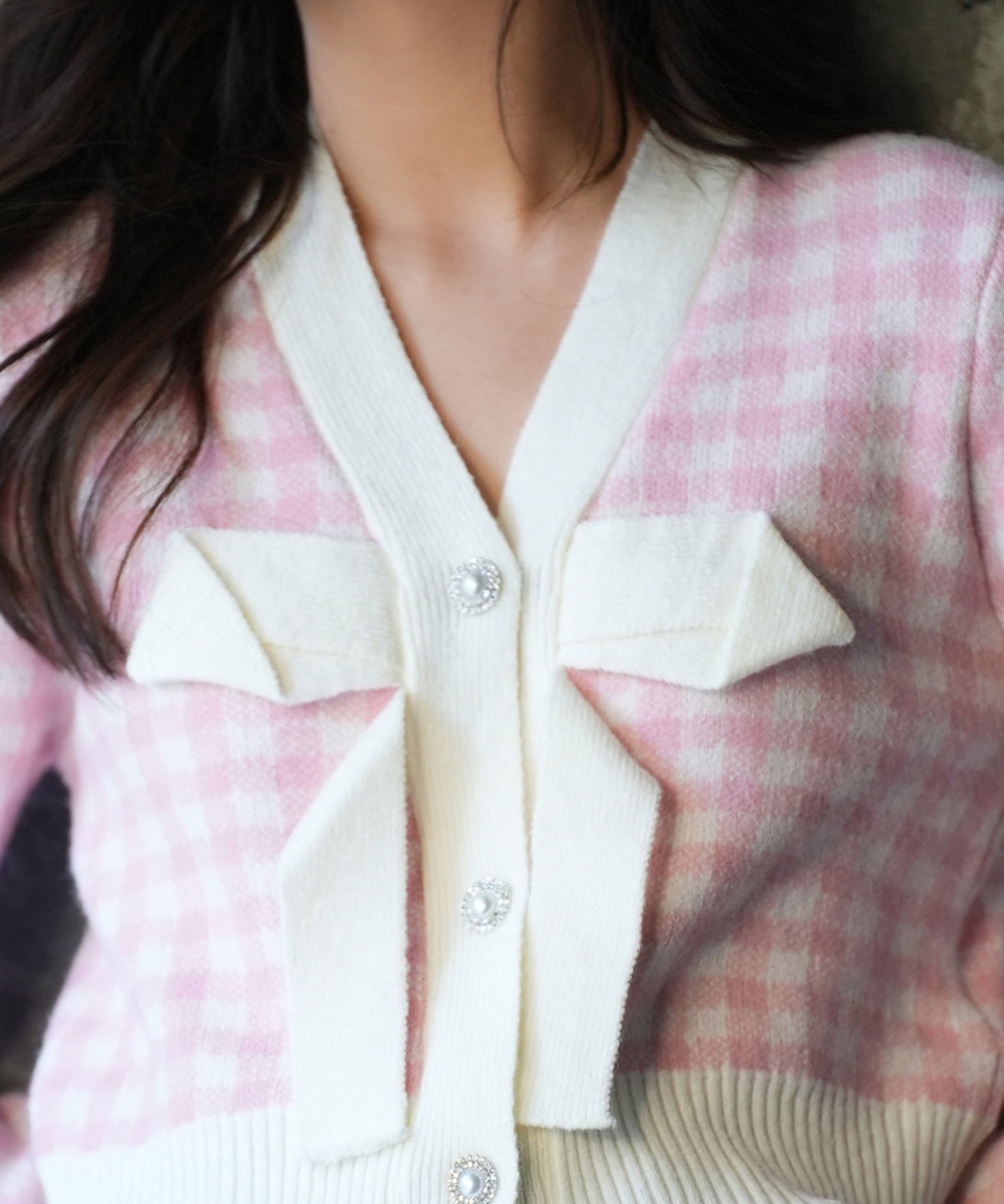 フロントリボンギンガムチェックニットプルオーバーsdpxyf5005 ピンク