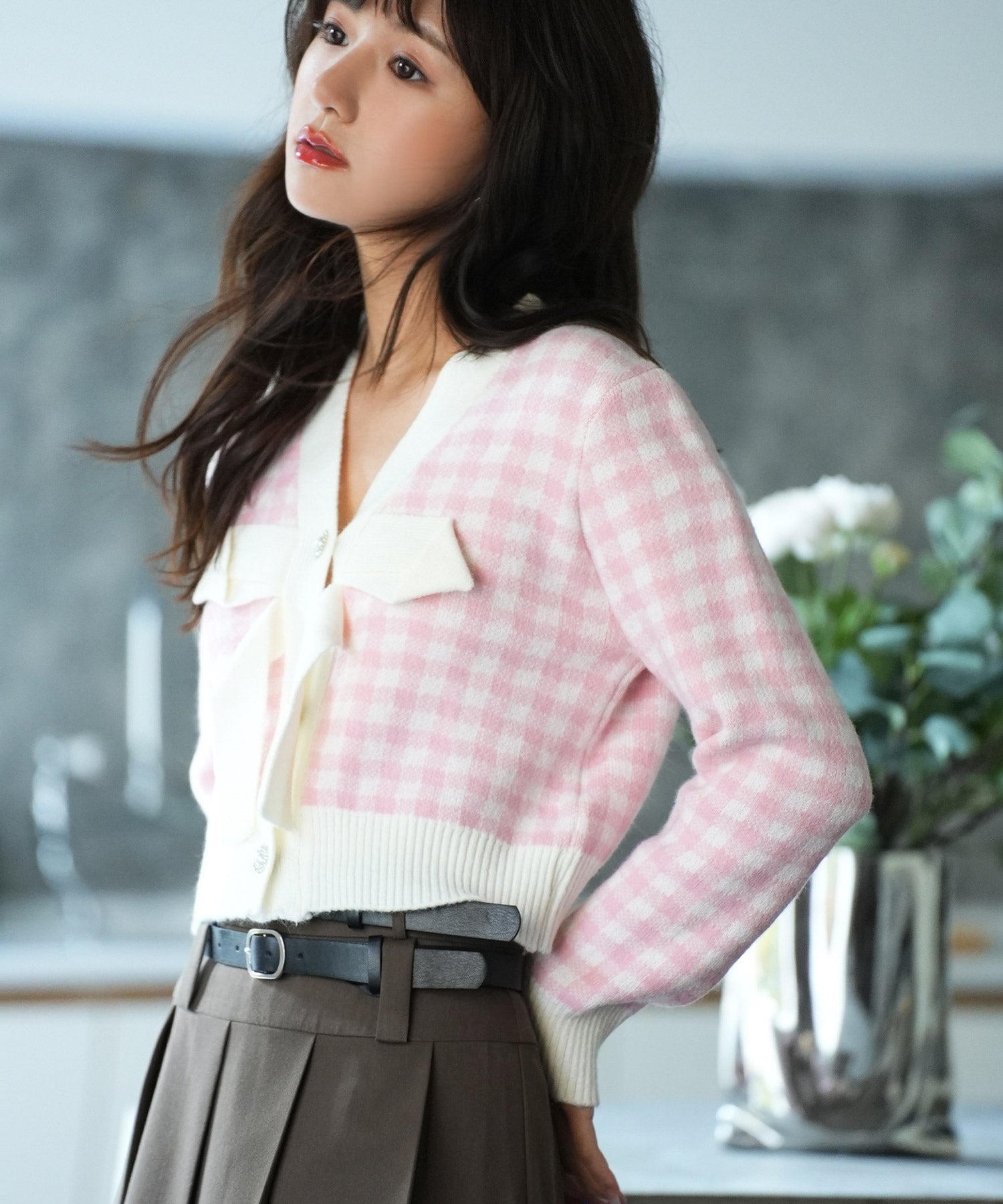 フロントリボンギンガムチェックニットプルオーバーsdpxyf5005 ピンク