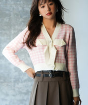 フロントリボンギンガムチェックニットプルオーバーsdpxyf5005 ピンク