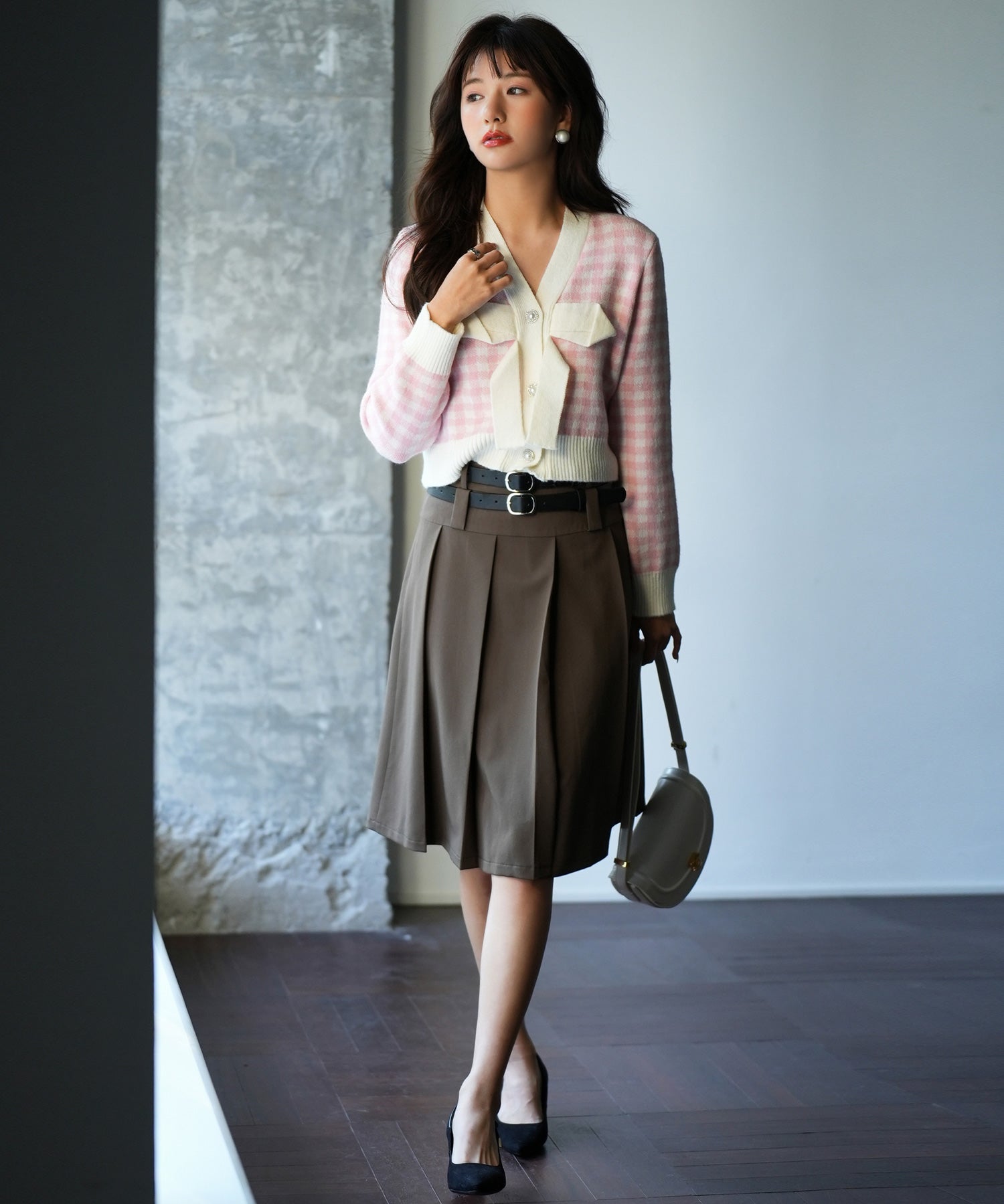 フロントリボンギンガムチェックニットプルオーバーsdpxyf5005 ピンク