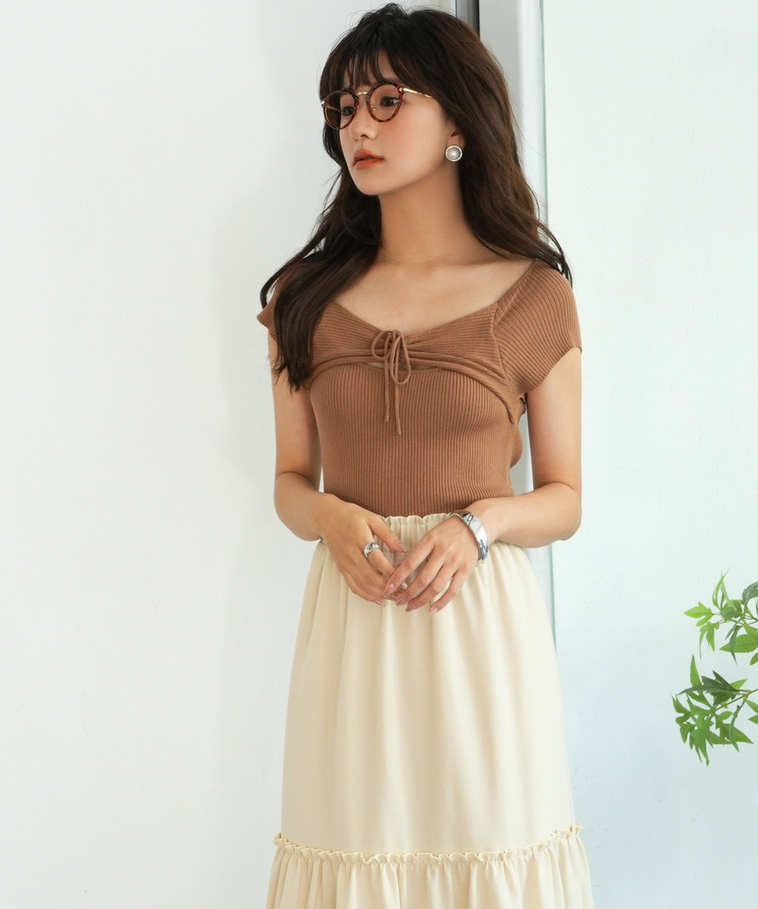 フレンチスリーブショート丈リブニットsdpxyf6001 ブラウン