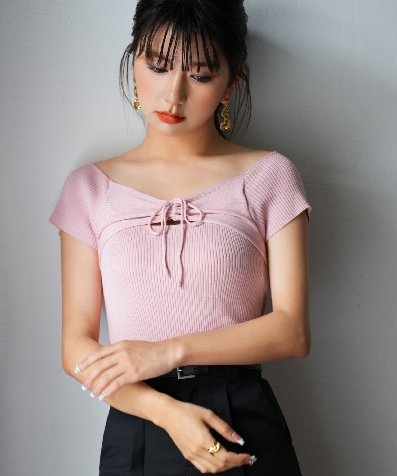 フレンチスリーブショート丈リブニットsdpxyf6001 ピンク