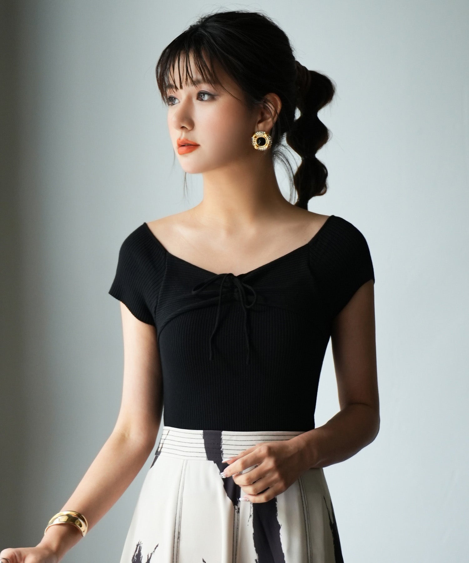 フレンチスリーブショート丈リブニットsdpxyf6001 ブラック