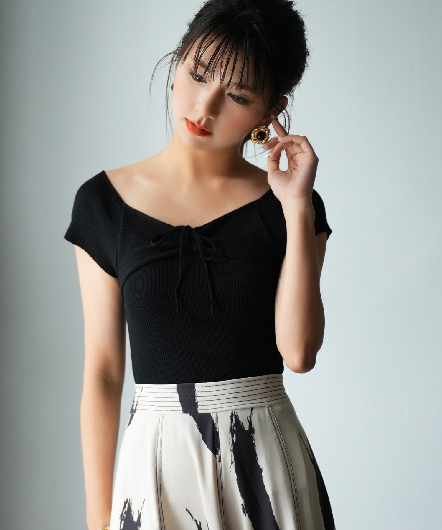 フレンチスリーブショート丈リブニットsdpxyf6001 ブラック