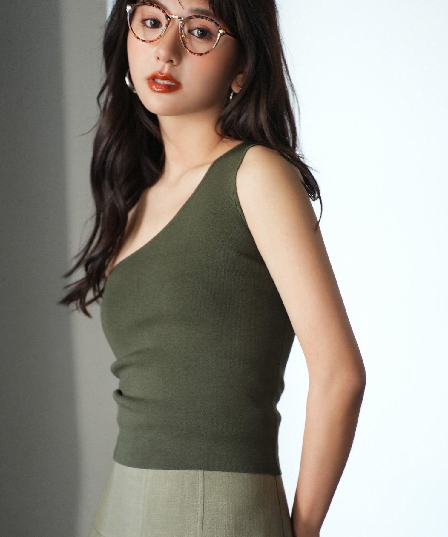 ワンショルダーニットタンクトップsdpxyf6009 カーキ