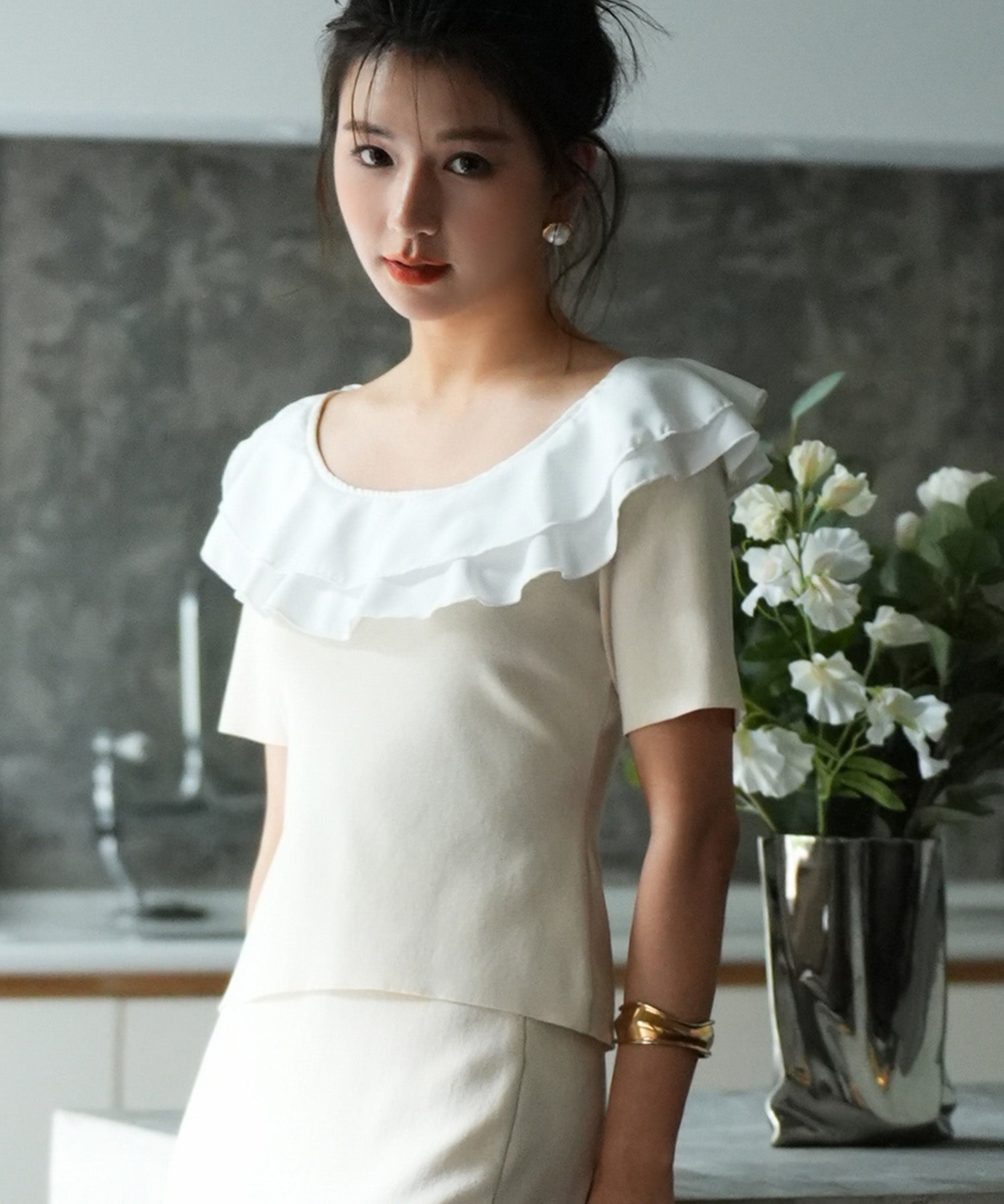 フリルスクープネックサマーニットsdpxyf6013 アイボリー