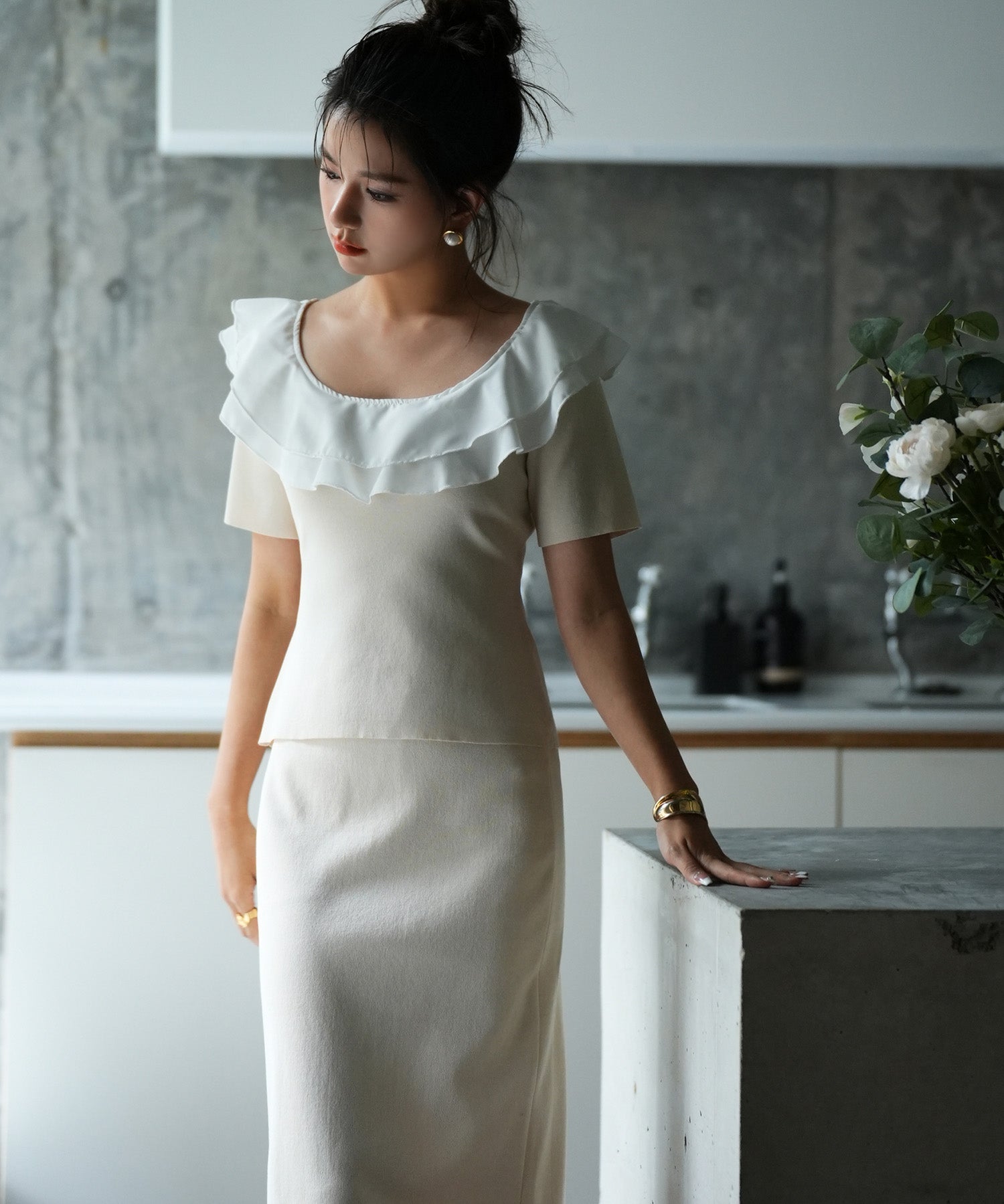 フリルスクープネックサマーニットsdpxyf6013 アイボリー