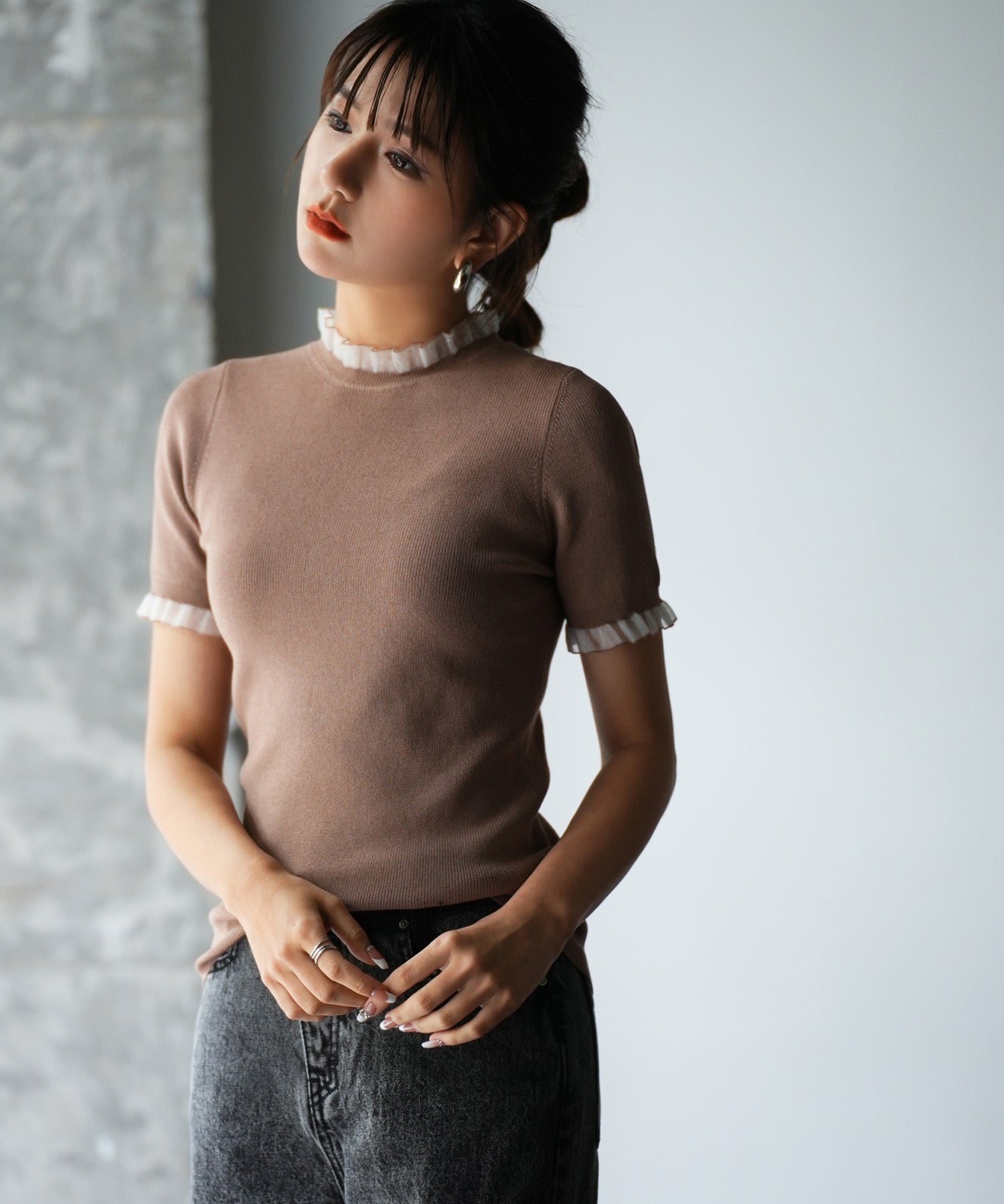 フリルネックサマー半袖ニットsdpxyf6018 ブラウン