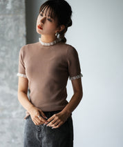 フリルネックサマー半袖ニットsdpxyf6018 ブラウン