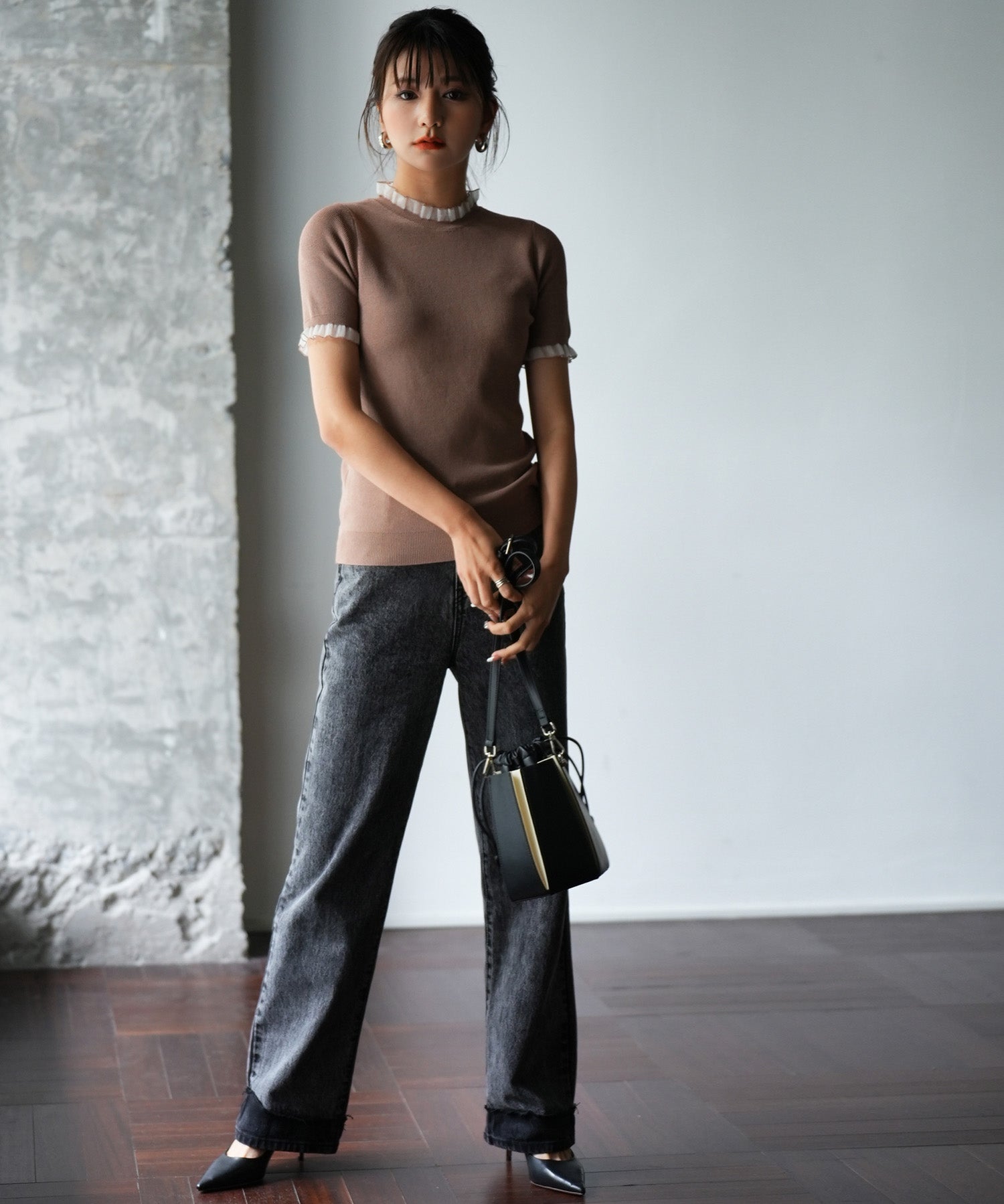 フリルネックサマー半袖ニットsdpxyf6018 ブラウン