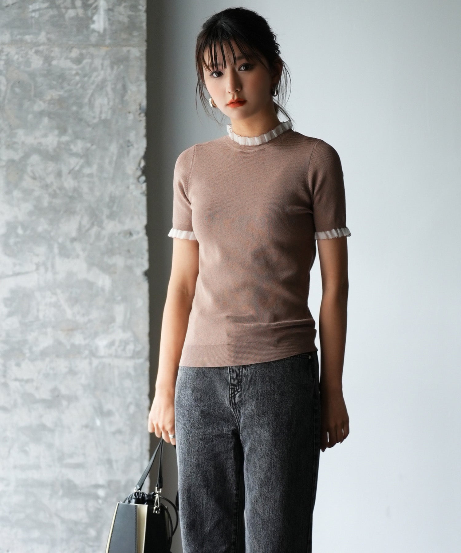 フリルネックサマー半袖ニットsdpxyf6018 ブラウン