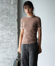 フリルネックサマー半袖ニットsdpxyf6018 ブラウン