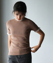 フリルネックサマー半袖ニットsdpxyf6018 ブラウン