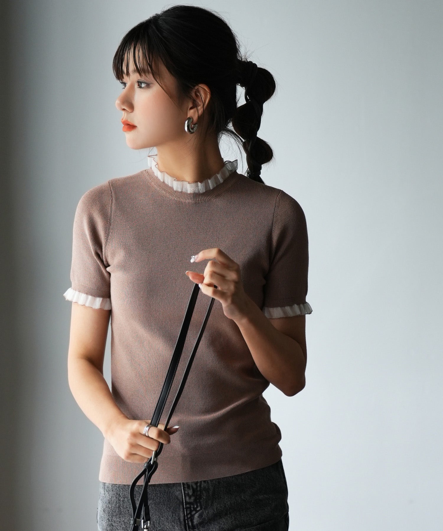フリルネックサマー半袖ニットsdpxyf6018 ブラウン