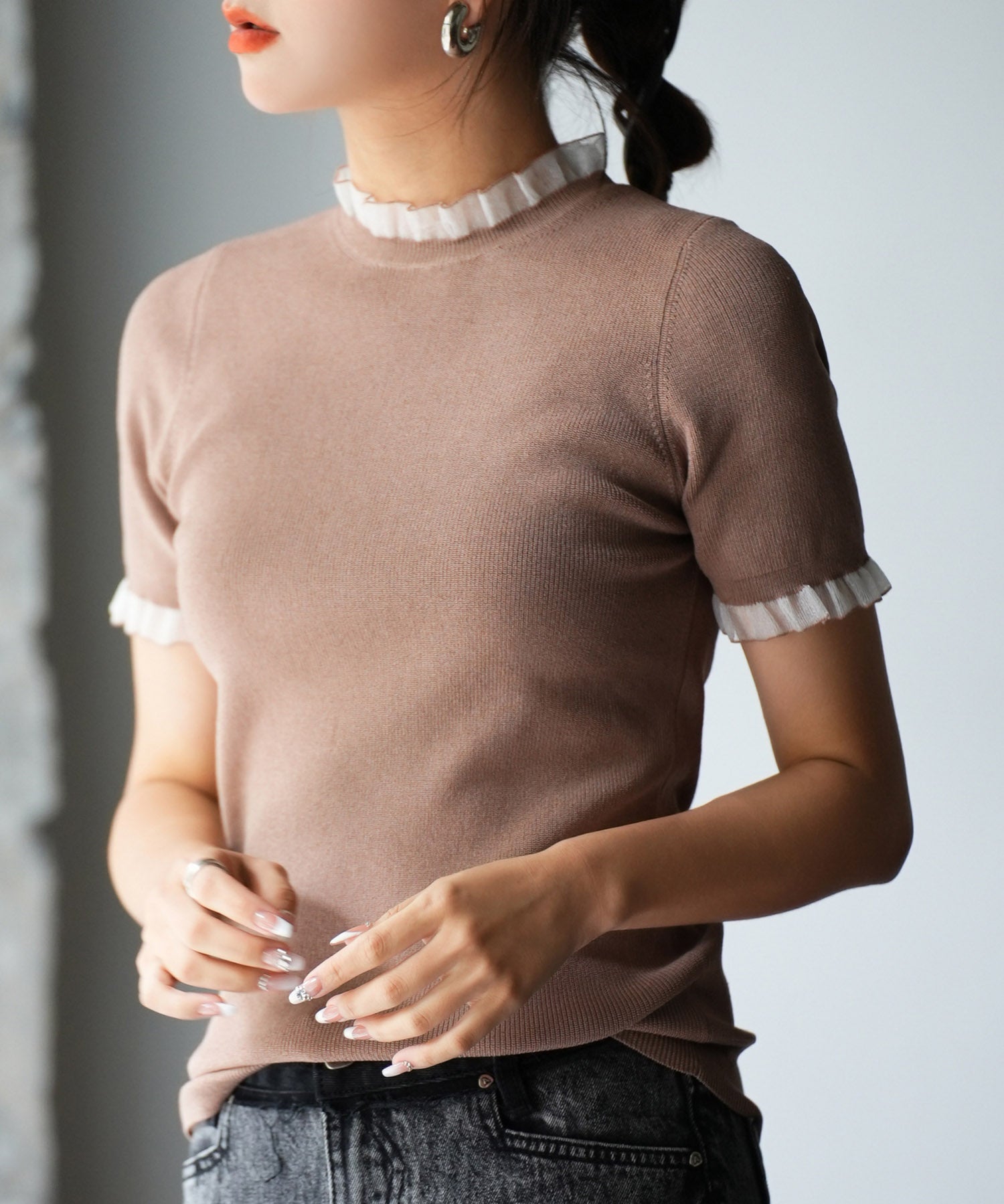 フリルネックサマー半袖ニットsdpxyf6018 ブラウン
