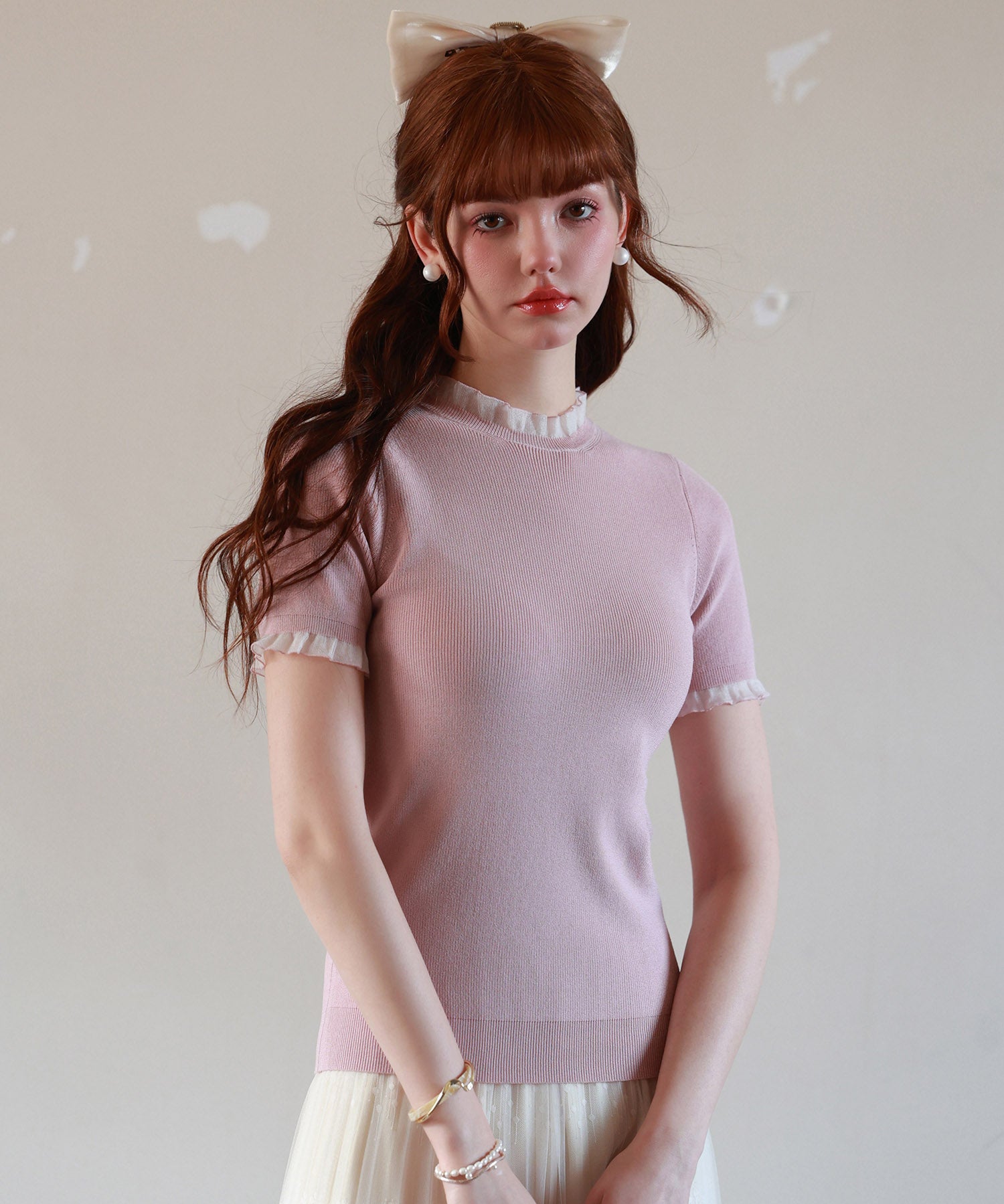 フリルネックサマー半袖ニットsdpxyf6018-103-26