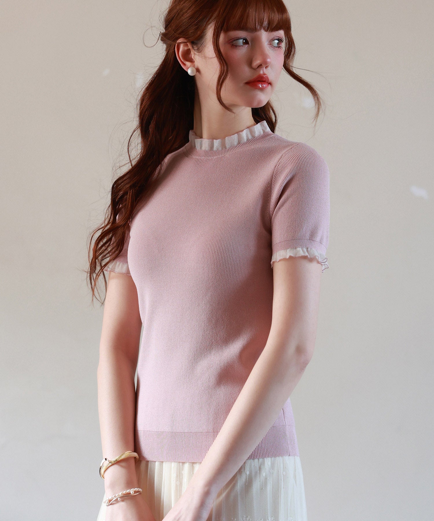 フリルネックサマー半袖ニットsdpxyf6018 ピンク