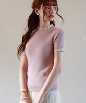 フリルネックサマー半袖ニットsdpxyf6018 ピンク
