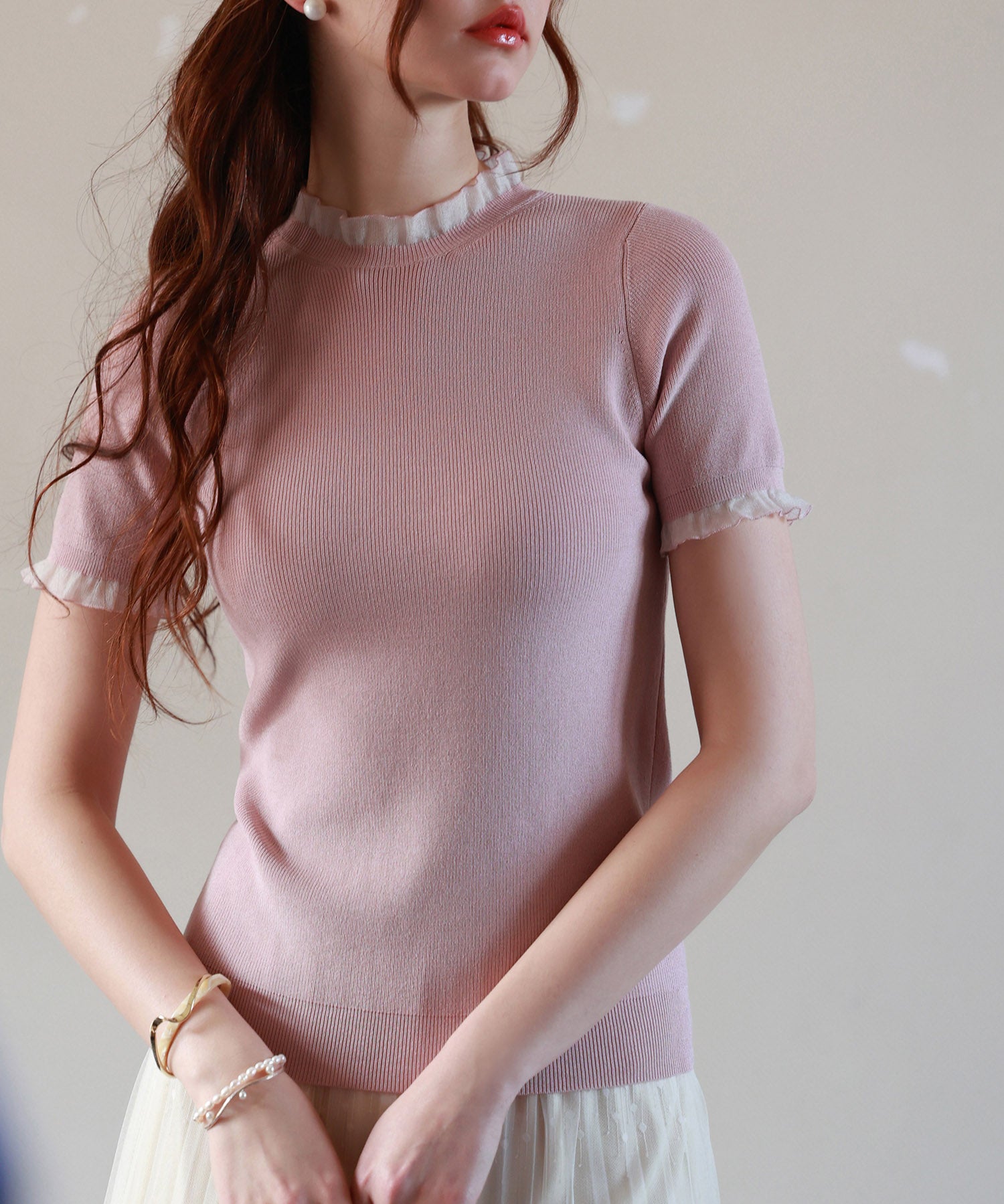 フリルネックサマー半袖ニットsdpxyf6018 ピンク