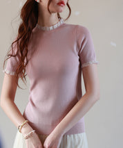 フリルネックサマー半袖ニットsdpxyf6018 ピンク