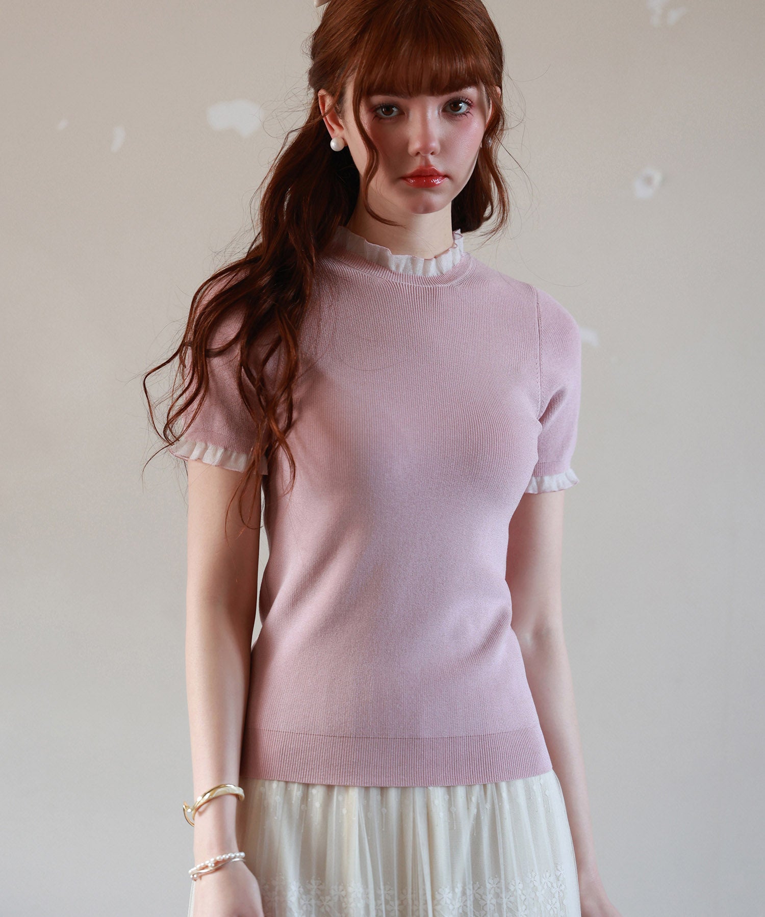 フリルネックサマー半袖ニットsdpxyf6018 ピンク