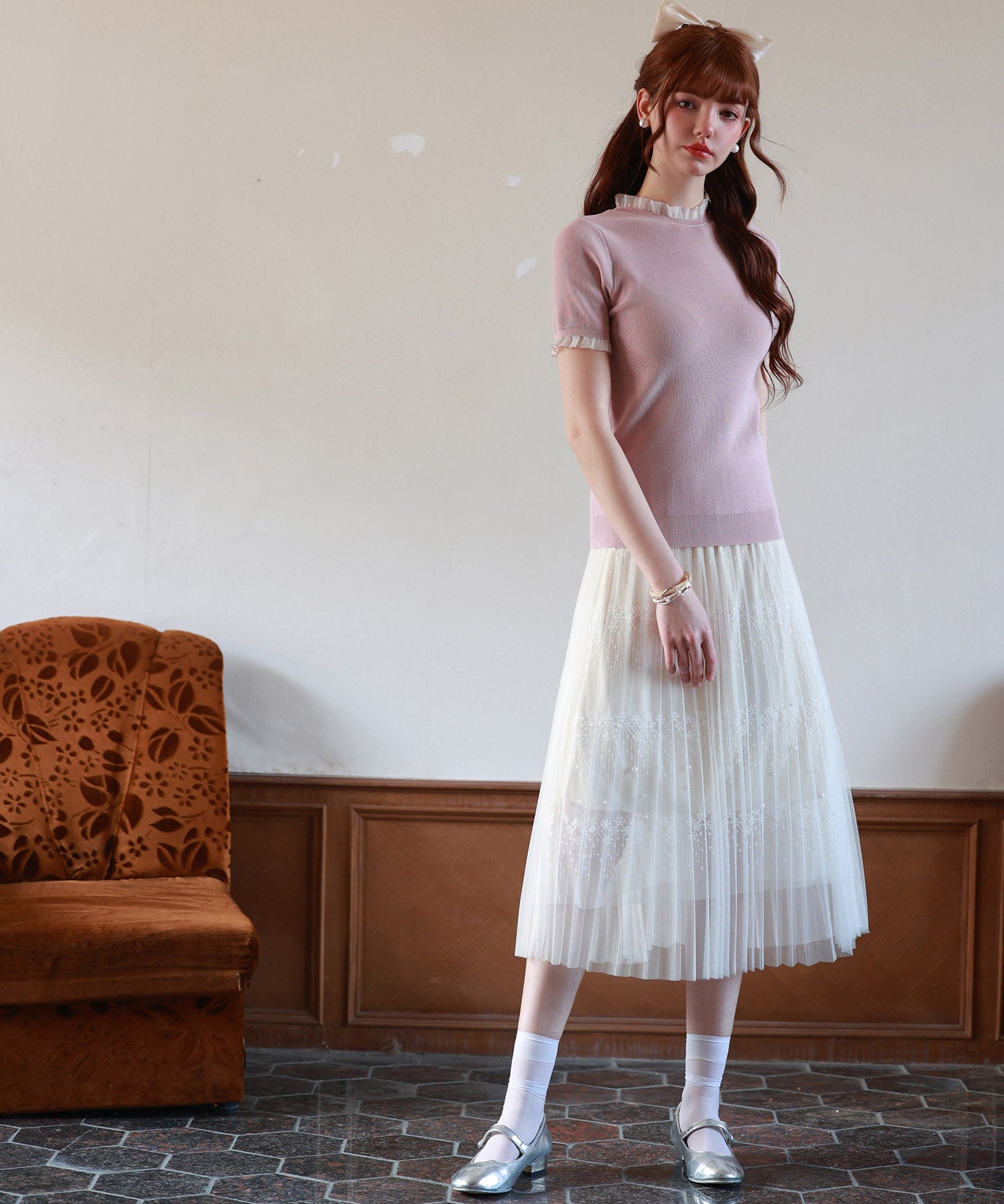 フリルネックサマー半袖ニットsdpxyf6018 ピンク