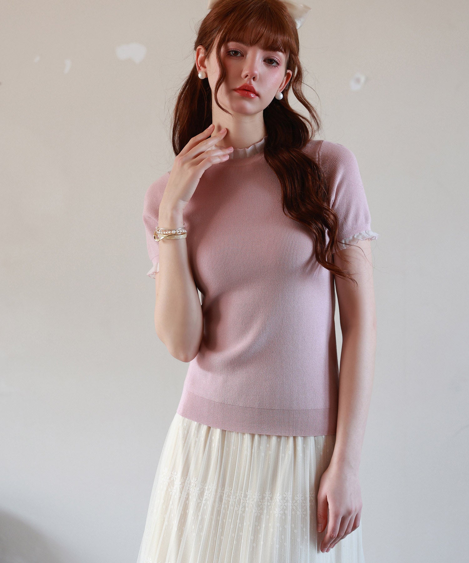 フリルネックサマー半袖ニットsdpxyf6018 ピンク