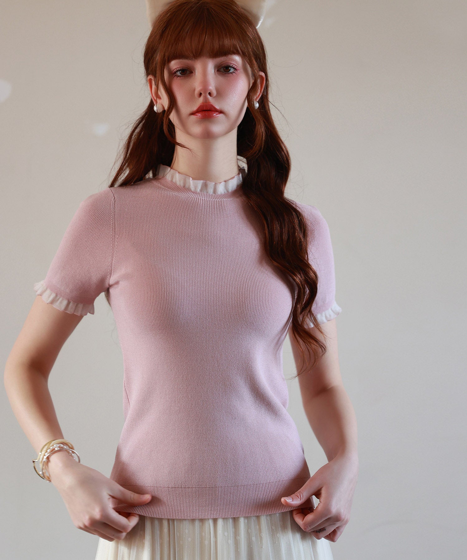 フリルネックサマー半袖ニットsdpxyf6018 ピンク