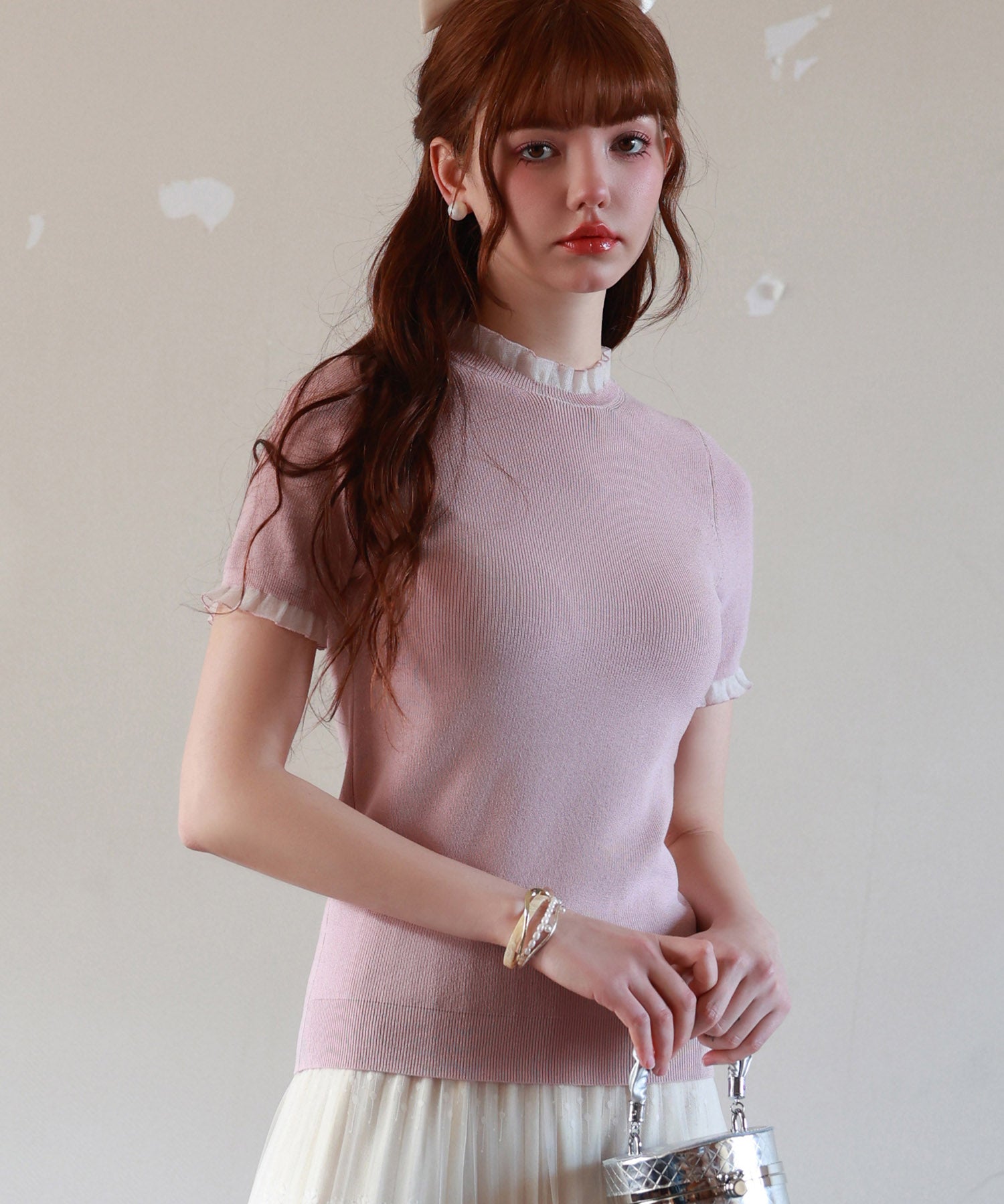 フリルネックサマー半袖ニットsdpxyf6018 ピンク