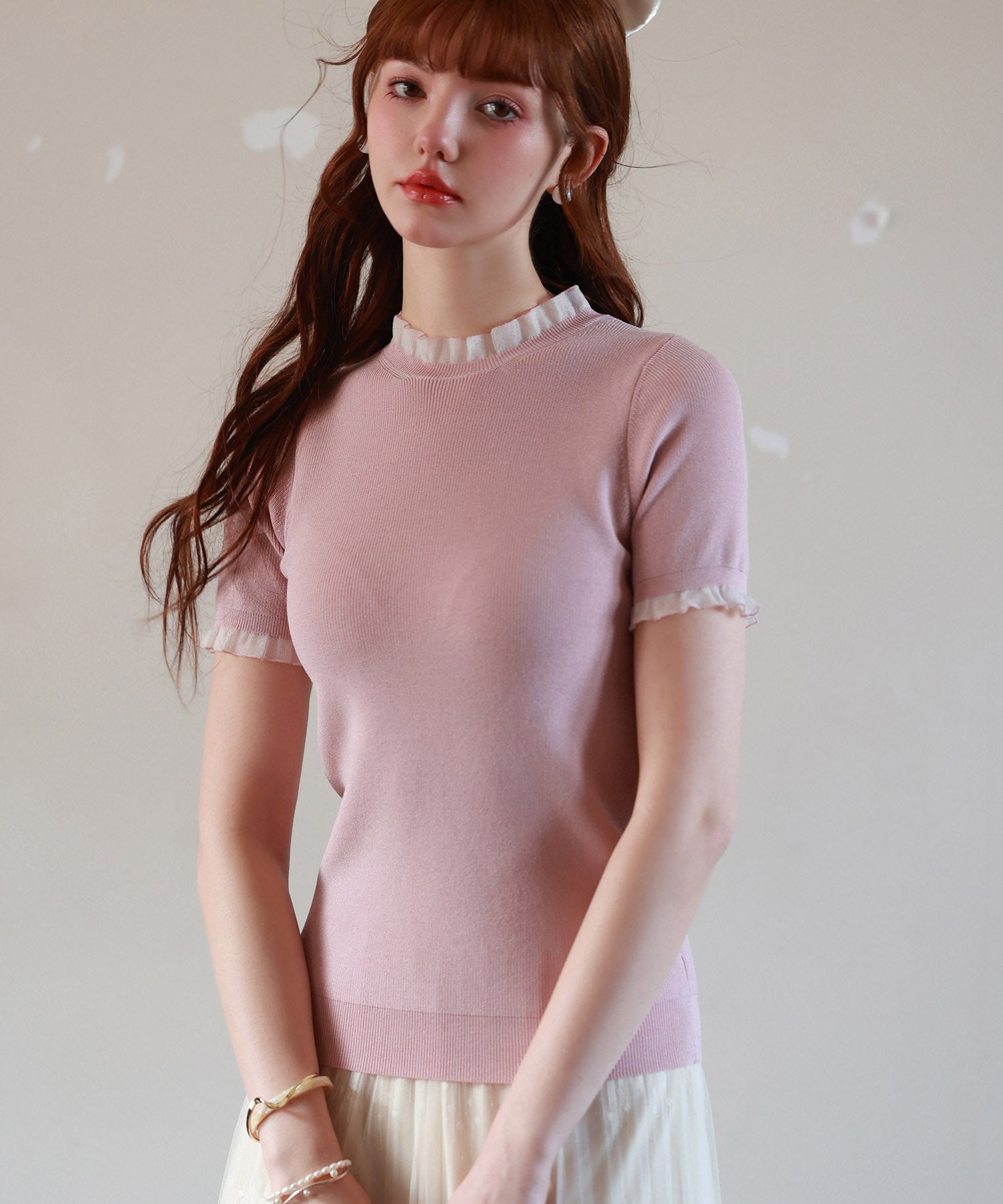 フリルネックサマー半袖ニットsdpxyf6018 ピンク